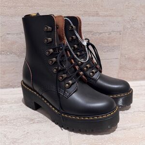 Black Vintage Smooth Leather Heeled Doc Martens: Leona